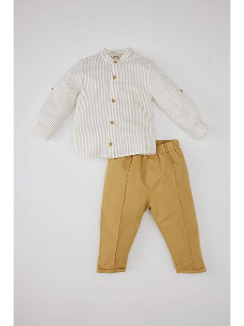 Erkek Bebek Çizgili Flamlı Poplin Uzun Kollu Gömlek Pantolon 2li Takım B9264A524SP