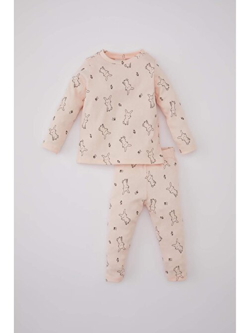 Kız Bebek Tavşan Baskılı Uzun Kollu Fitilli Kaşkorse Pijama Takımı A9477A524SP