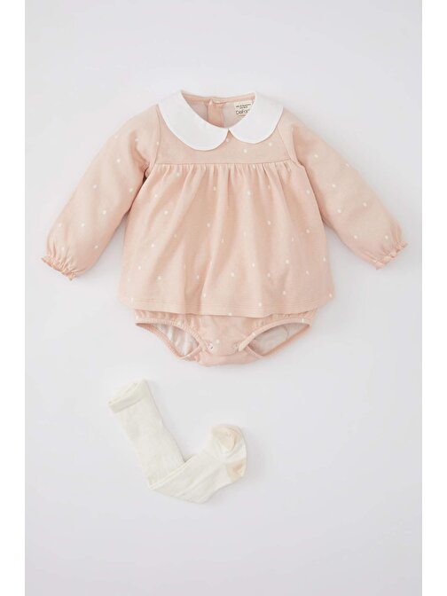 Kız Bebek Yeni Doğan Puantiye Waffle Tulum Elbise Tulum Çorap 2li Takım B9656A524SP