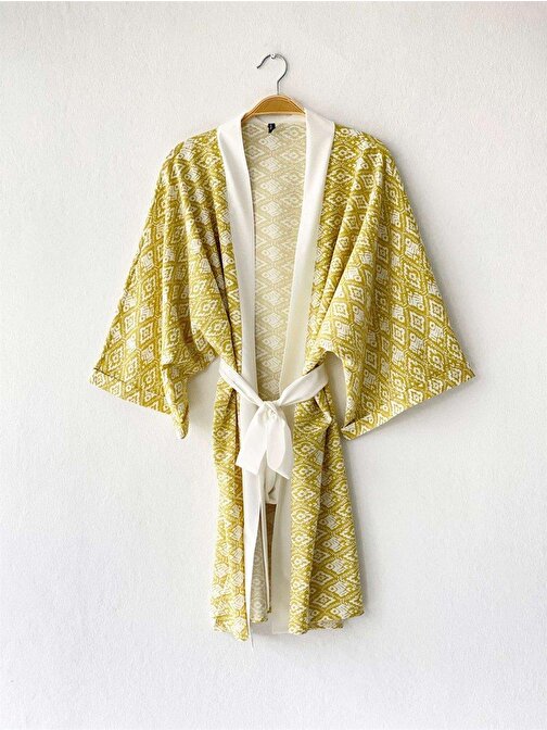 Retrobird Rahat Kesim Hardal Renkli Saten Kumaş Kadın Garnili Standart Kemerli Kimono