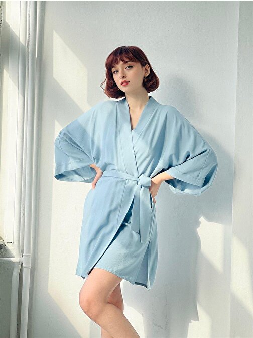 Retrobird Unisex Viskon Kimono Rahat Kesim Mavi Renkli Viskon Kumaş Unisex Garnili Standart Kemerli Kimono