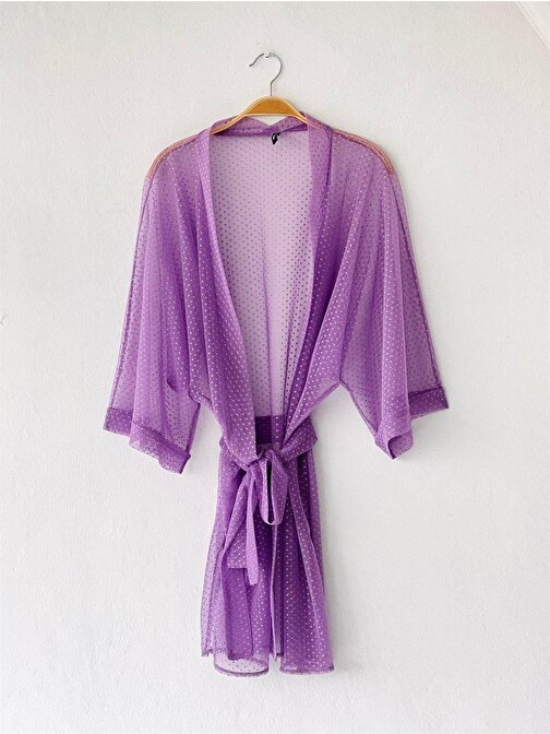 Retrobird Rahat Kesim Lila Renkli Tül Kumaş Kadın Standart Kimono