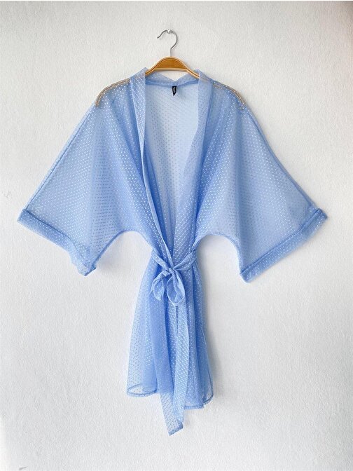 Retrobird Rahat Kesim Mavi Renkli Tül Kumaş Kadın Standart Kimono