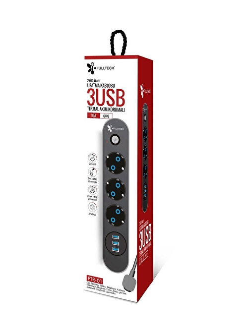 3 Priz 3XUSB 2Mt Kablo Anahtarlı 10A Akım Korumalı Priz TGFTR01