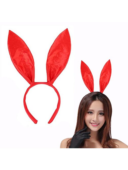Kırmızı Renk Saten Kaplama Şekil Verilebilir Tavşan Kulak Taç 35x11 cm