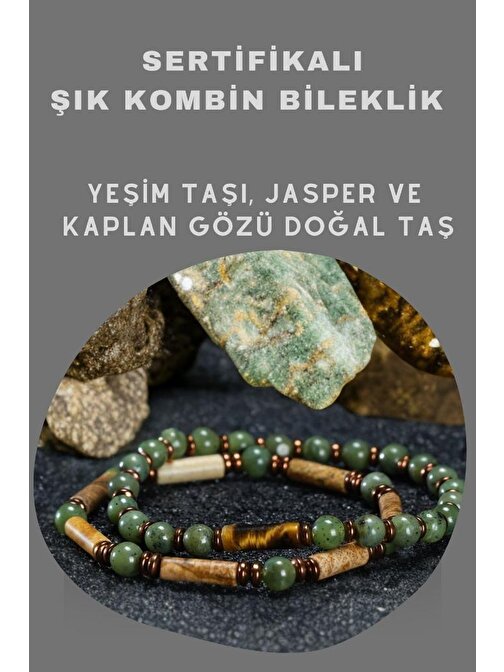 Şık Kombin Bileklik Sertifikalı Yeşim Taşı Jasper Ve Kaplangözü Kadın Erkek Hediye Bileklik