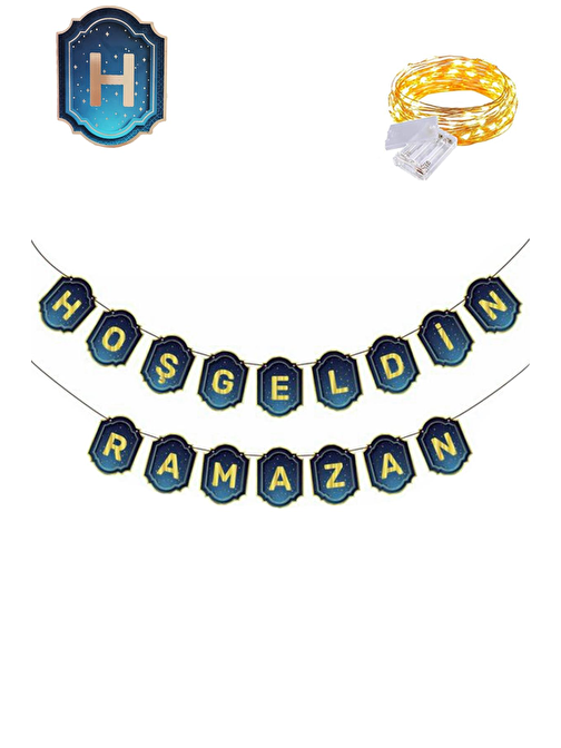 Gece Yıldız Baskılı Hoşgeldin Ramazan Banner + Led - Hoşgeldin Ramazan Banner Ramazan Sarkıt Banner