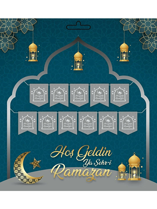 Gümüş 230 cm Hoşgeldin Ya Şehri Ramazan Banner - Hoşgeldin Ramazan Banner Ramazan Süsleri
