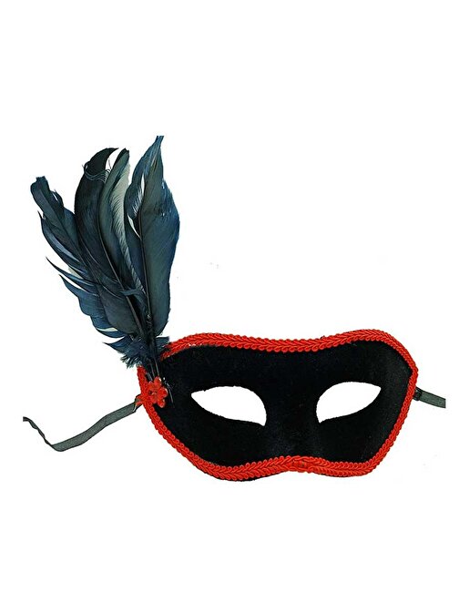 Siyah Renk Yandan Tüylü Siyah Süet Kaplama Parti Balo Maskesi 21x20 cm