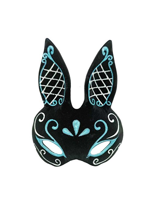 Siyah Renk Mavi Beyaz Simli Siyah Süet Kaplama Tavşan Maskesi 18x16 cm