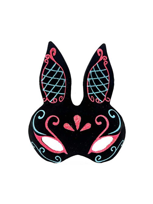 Siyah Renk Mavi Kırmızı Simli Siyah Süet Kaplama Tavşan Maskesi 18x16 cm
