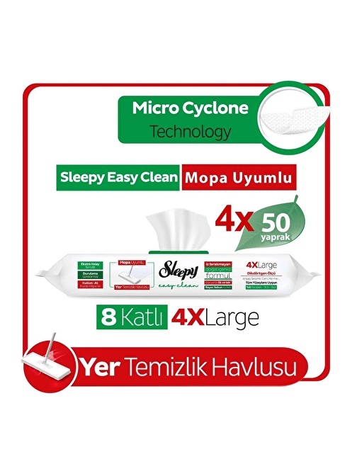 Sleepy Easy Clean Beyaz Sabun Katkılı Mopa Uyumlu Yer Temizlik Havlusu 4x50 Yaprak (200 Yaprak)