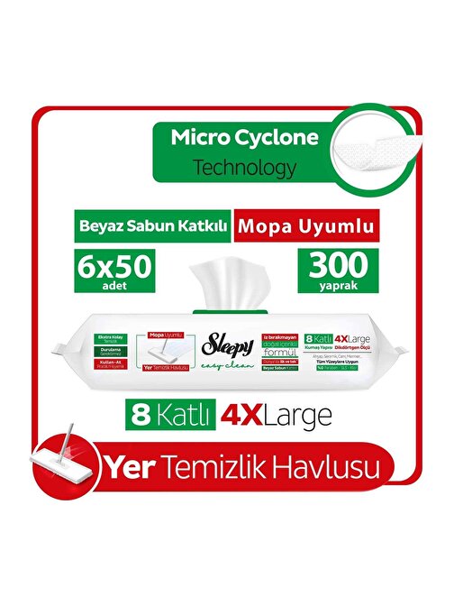 Sleepy Easy Clean Beyaz Sabun Katkılı Mopa Uyumlu Yer Temizlik Havlusu 6X50 (300 Yaprak)