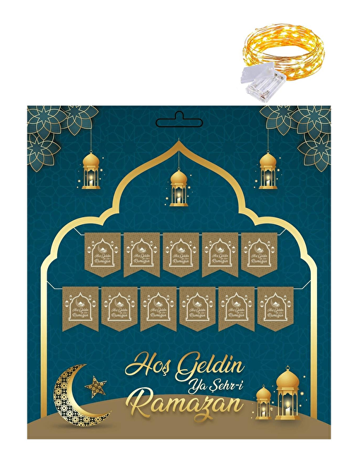 Gold 230 cm Hoşgeldin Ya Şehri Ramazan Banner + Led - Hoşgeldin Ramazan Banner Ramazan Süsleri