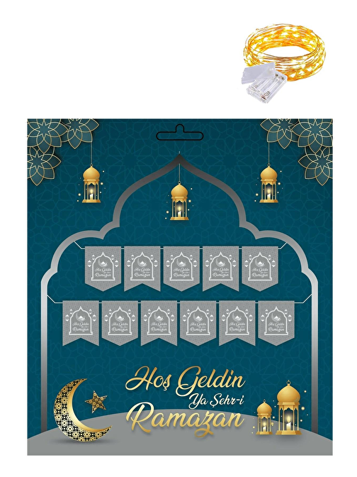 Gümüş 230 cm Hoşgeldin Ya Şehri Ramazan Banner + Led - Hoşgeldin Ramazan Banner Ramazan Süsleri