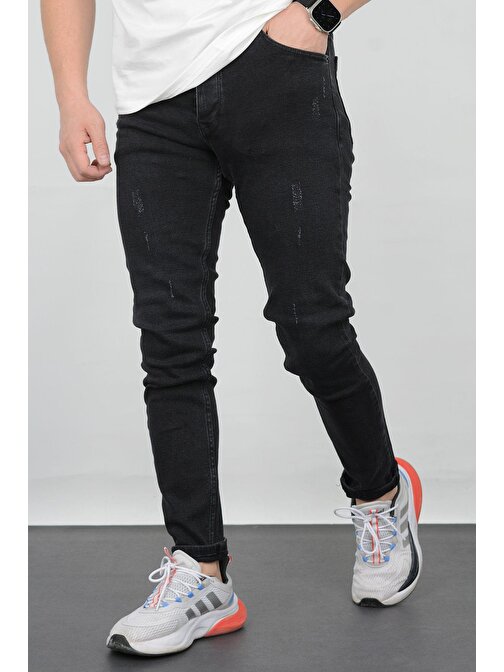 Erkek Slim Fit Çizikli Jean Pantolon Füme Edw074