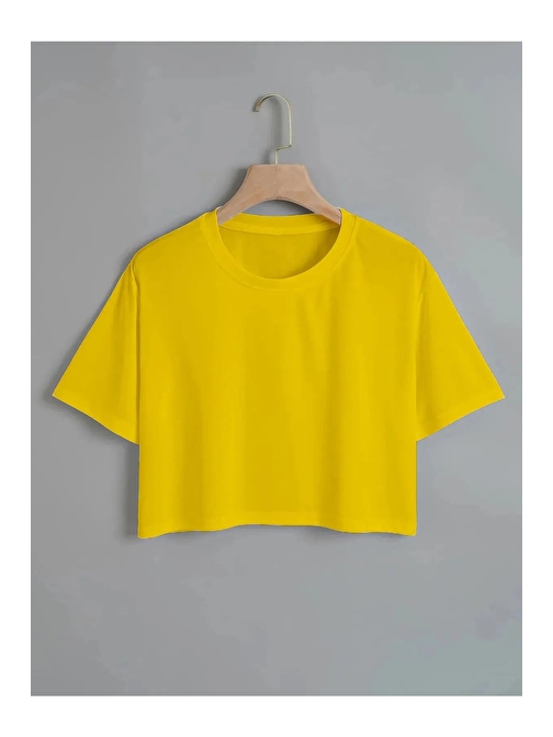 Kadın Düz Bisiklet Yaka Oversize Crop T-shirt