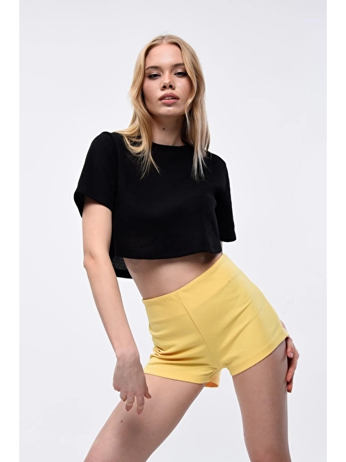 Kadın Waffle Dokulu Bisiklet Yaka Oversize Crop T-shirt