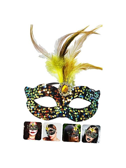 Siyah Kadife Üzeri Rengarenk Payetli Pullu Sarı Tüylü Sarı Taşlı Parti Maskesi 19x21 cm