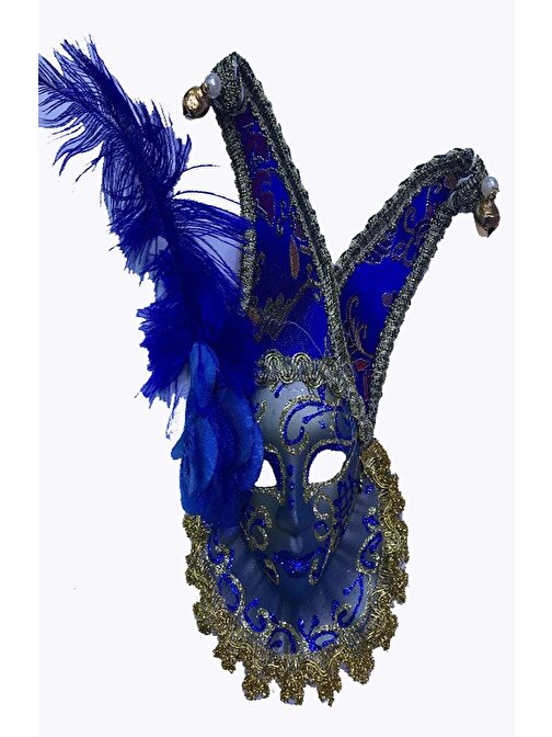 Çıngıraklı Dekoratif Tüylü Seramik Maske Mavi Renk (3877)