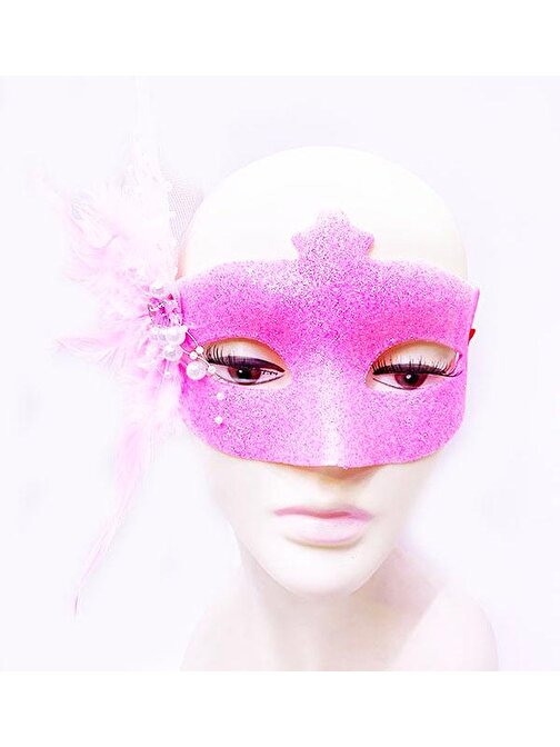 Sim İşlemeli İnci Boncuk Detaylı Tüylü Balo Maskesi Pembe Renk 13x18 cm (3877)