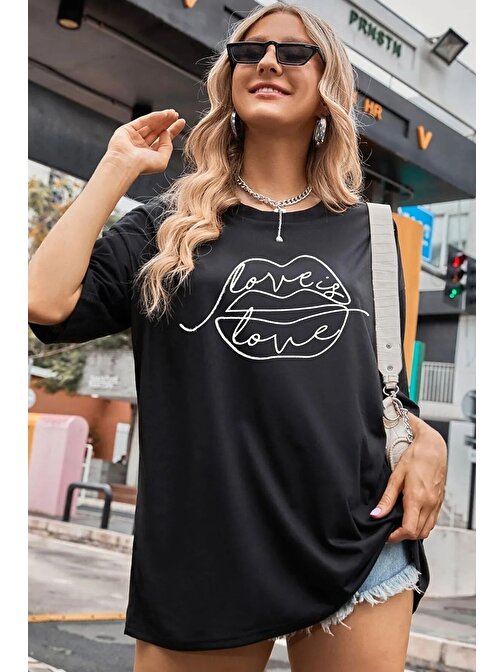 Kadın  Love Is Baskılı Oversize T-shirt