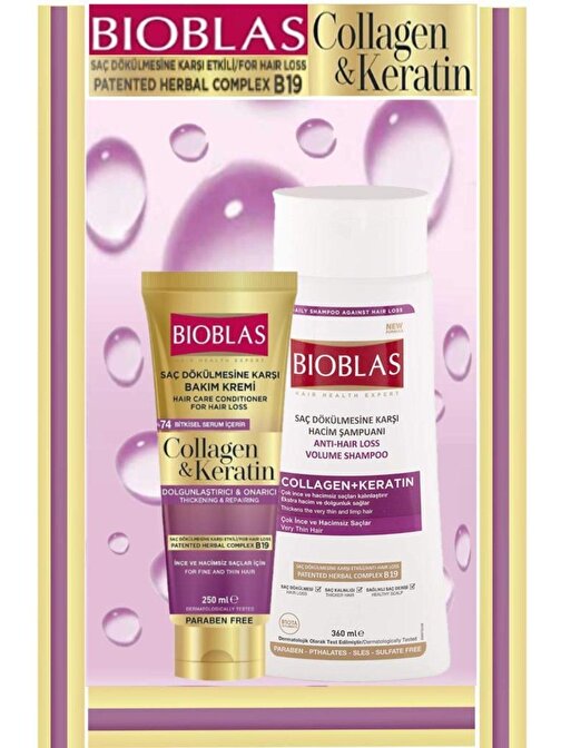 Bioblas Collagen + Keratin Çok İnce ve Hacimsiz Saçlar İçin Hacim Şampuanı 360 ML + Bakım Kremi 250 ML