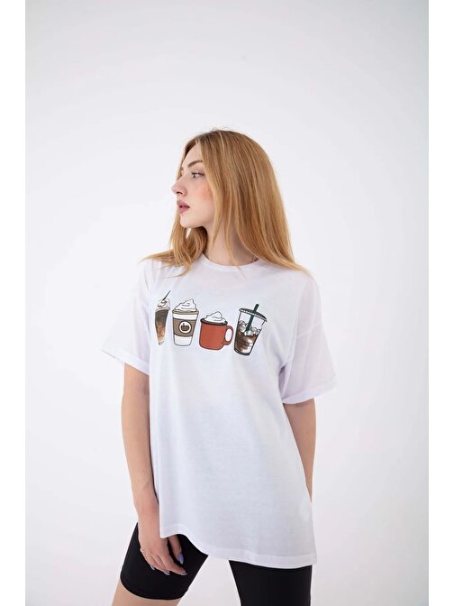 Kadın Içecek Ve Pumpkin Baskılı Duble Kol Oversize T-shirt