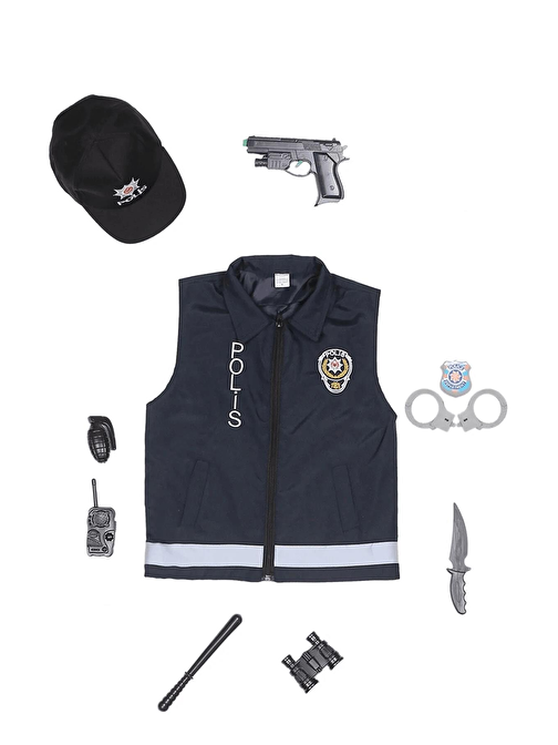 Polis Yeleği + Şapka + Oyuncak seti - Çocuk Polis Kostümü - Çocuk Polis Kıyafeti Çocuk Kostüm