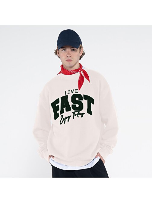 Fast Erkek Kırık Beyaz Bisiklet Yaka Ekstra Oversize Sweatshirt - Şardonlu 3 İplik | XS
