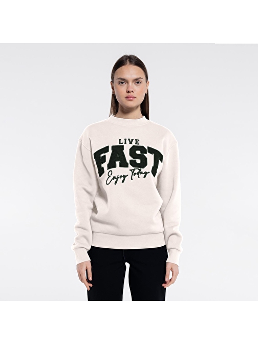 Fast Kadın Kırık Beyaz Bisiklet Yaka Ekstra Oversize Sweatshirt - Şardonlu 3 İplik | S