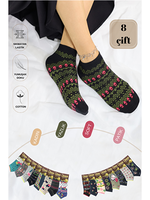Yazlık Penye - Kadın Patik Çorap 8'li (8 Adet) Parfümlü Desenli