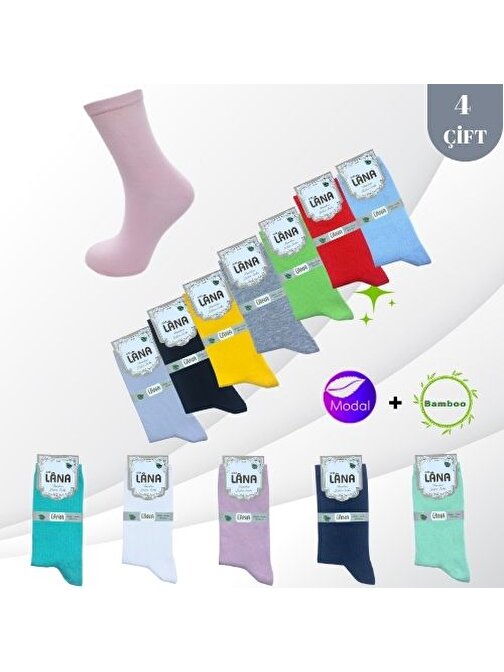 Kadın Çorabı (BAMBU MODAL) Ter Emici Dikişsiz Trend Model Soket Uzun Çorap (4 ÇİFT) Asorti Renk
