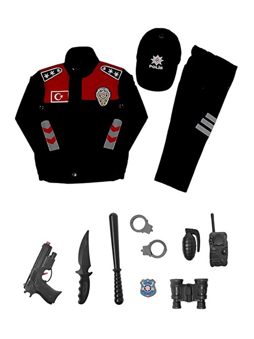 Kırmızı Polis Kostümü Alt Üst + Şapka + Oyuncak seti Çocuk Polis Kostümü - Çocuk Polis Kıyafeti