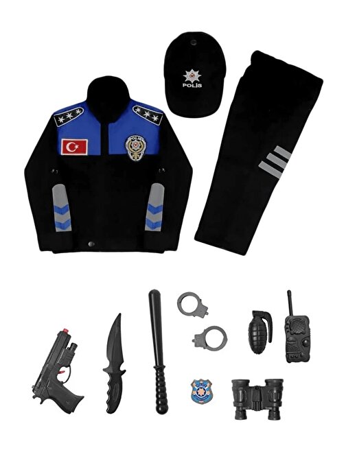 Mavi Polis Kostümü Alt Üst + Şapka + Oyuncak seti Çocuk Polis Kostümü - Çocuk Polis Kıyafeti