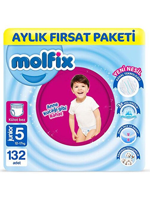 Molfix Pants KANALLI Bebek Bezi 5 Beden Junior Aylık Fırsat Paketi 132 Adet