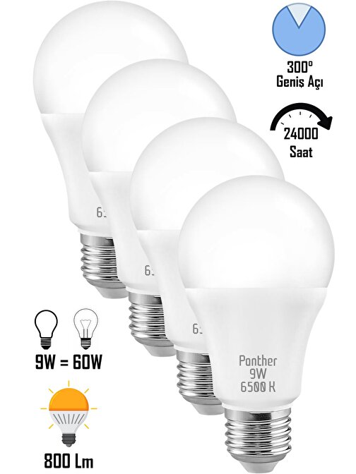 4 ADET 9W Beyaz LED E27 Ampul Tasarruflu Lamba 6500 K Beyaz Işık 800 Lümen 9W=60W