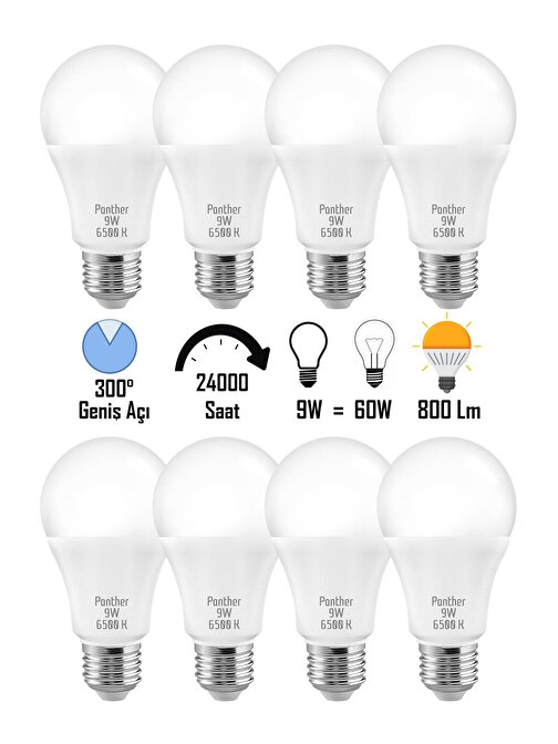 8 ADET 9W Beyaz LED E27 Ampul Tasarruflu Lamba 6500 K Beyaz Işık 800 Lümen 9W=60W