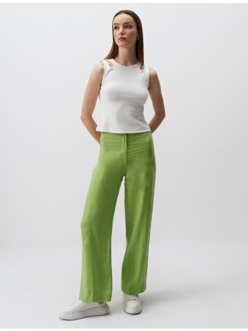 Yeşil Yüksek Bel Bol Paça Keten Pantolon