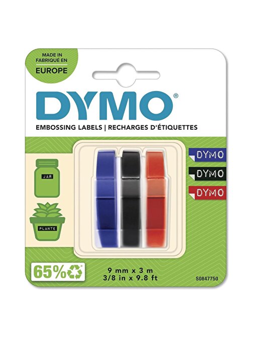 DYMO 3D Plastik Kabartma Yedek Şerit 9mmx3mt 3 lü Blister Siyah-Mavi-Kırmızı (S0847750)