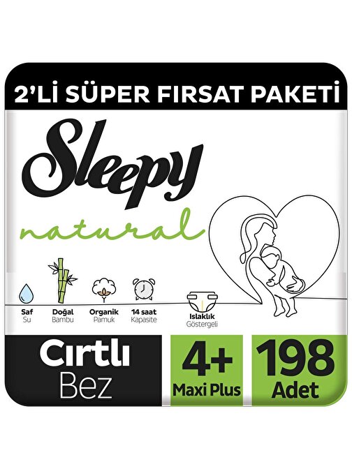 Sleepy Natural 2'li Süper Fırsat Paketi Bebek Bezi 4+ Numara Maxi Plus 198 Adet
