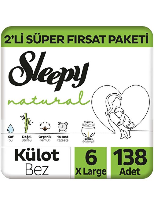 Sleepy Natural 2'li Süper Fırsat Paketi Külot Bez 6 Numara Xlarge 138 Adet