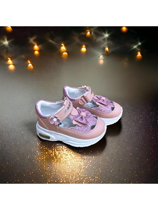 Kız Bebe Ortopedik Cırtlı Esnek Hafif Nefes Alabilen Pembe Renk Işıklı Bebek Sneaker Spor Ayakkabı