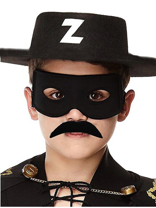 Siyah Renk Zorro Şapkası Zorro Maskesi ve Zorro Bıyık Çocuk Boy (3877)