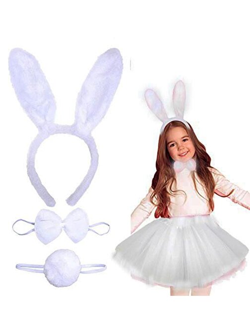 Tavşan Tacı Eteği Papyonu ve Kuyruk Kostüm Seti Beyaz Renk Çocuk Boy (3877)