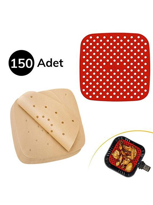 150 Adet Kullan-At Delikli Kare Model Pişirme Kağıdı Ve Kare Kırmızı Pişirme Matı 21,5Cm (3877)