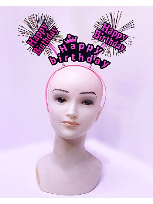 Happy Birthday Püsküllü Neon Pembe Renk Doğum Günü Tacı 22x19 cm (3877)