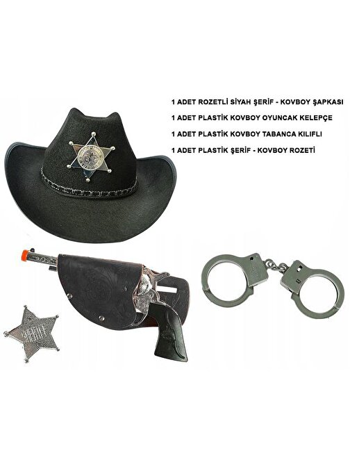 Çocuk Boy Siyah Şerif-Kovboy Şapka Tabanca Rozet ve Kelepçe Seti 4 Parça (3877)