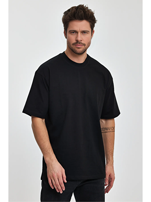 Erkek Oversize %100 Pamuk Nefes Alan Basic T-shirt Siyah Edw038
