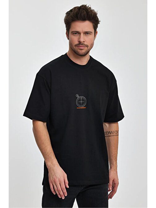 Erkek Oversize %100 Pamuk Pusula Baskılı T-shirt Siyah Edw040